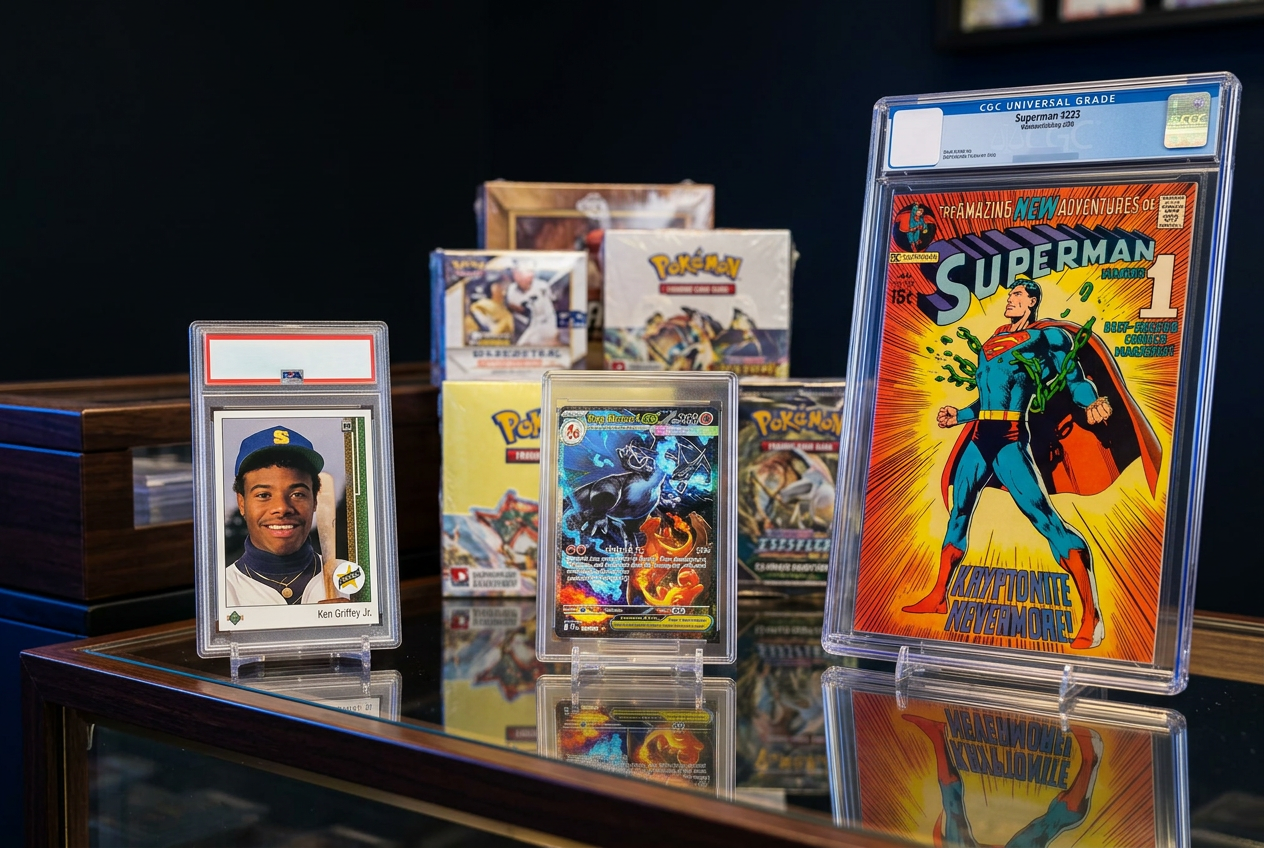 Graded sports card, holographic Pokemon slab and a slabbed vintage comic displayed on a Packabolic shop counter with sealed hobby boxes behind
